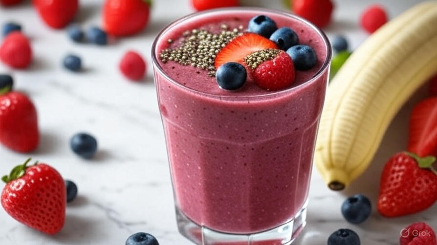 Berry Blast detox smoothie in a glass with mixed berries and chia seeds