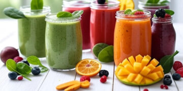 Home Detox Smoothies, Colorful assortment of home detox smoothies in glass jars with fresh fruits and vegetables