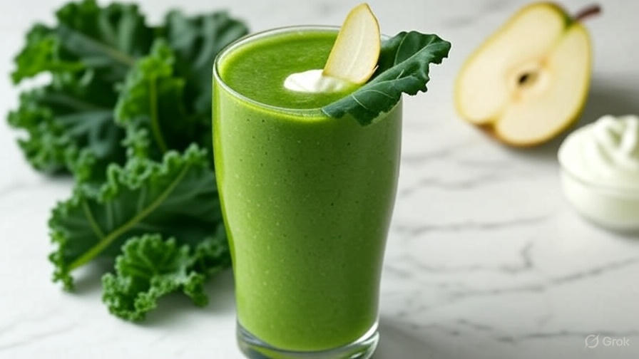 Kale and Ginger detox smoothie in a glass with kale leaves and pear