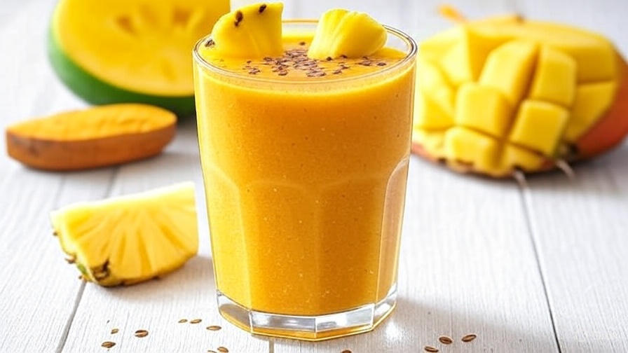 Tropical Turmeric detox smoothie in a glass with pineapple, mango, and turmeric