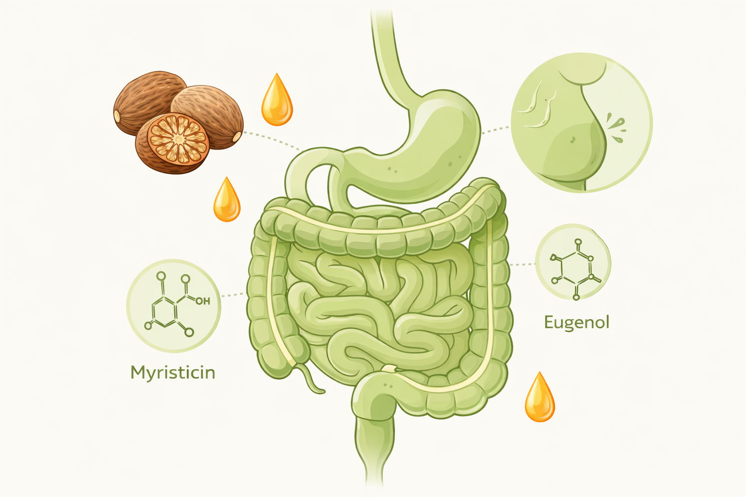Nutmeg for digestion: Ayurvedic compounds supporting gut health and reduced bloating