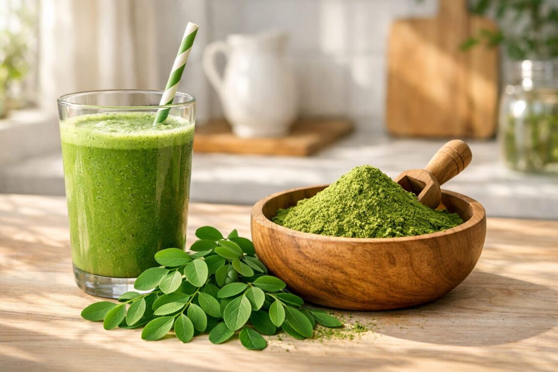 Health Benefits of Moringa Powder. moringa powder smoothie with fresh moringa leaves