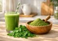 Top 8 Health Benefits of Moringa Powder Backed by Science Health Benefits of Moringa Powder. moringa powder smoothie with fresh moringa leaves