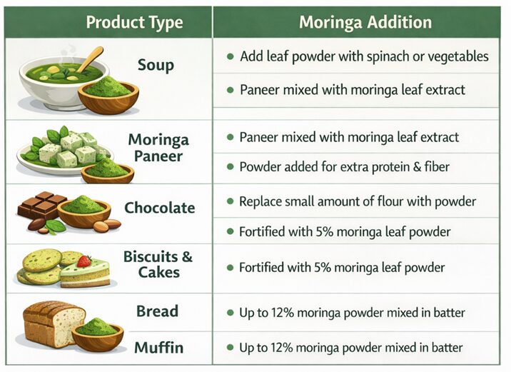Infographic showing different foods like soup, paneer, chocolate, biscuits, bread and muffins fortified with moringa leaf powder for nutrition.