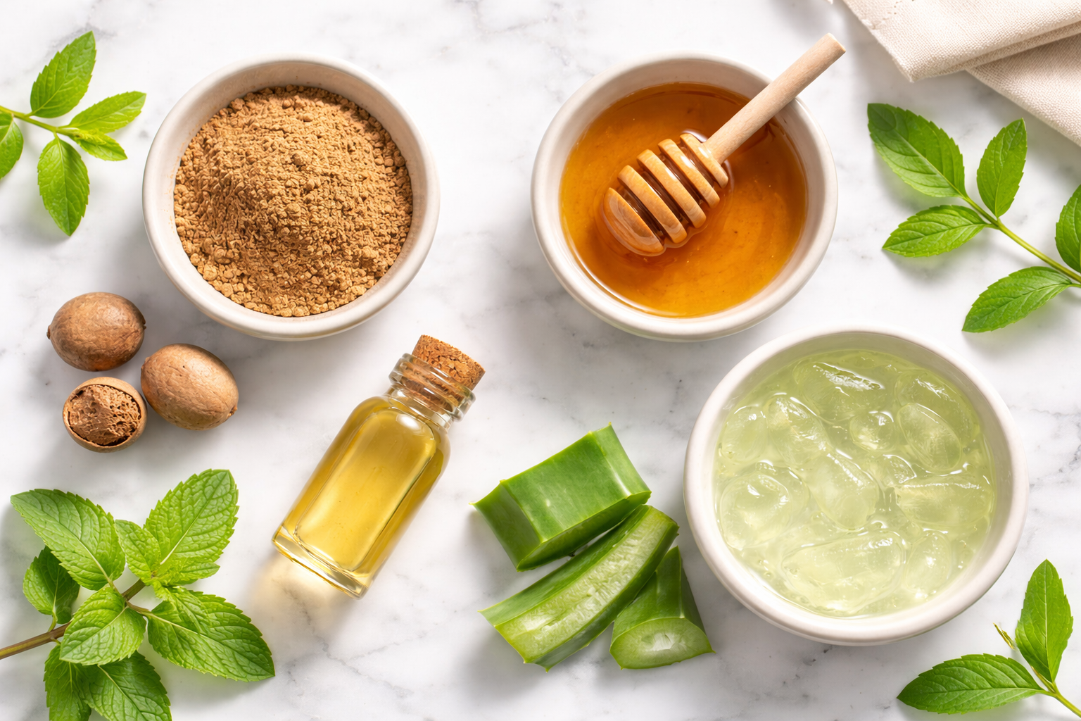 Ayurvedic remedies with nutmeg: Ingredients for home skin care and wellness packs