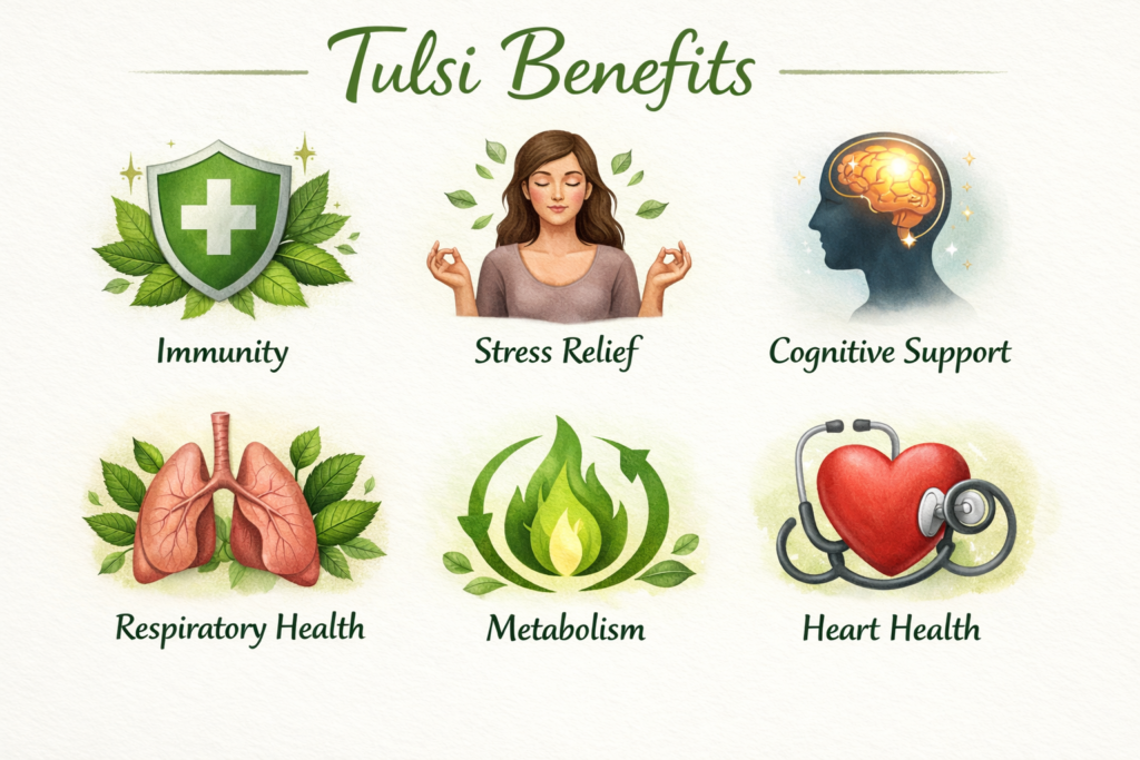 Tulsi benefits infographic showing immunity stress digestion and metabolism
