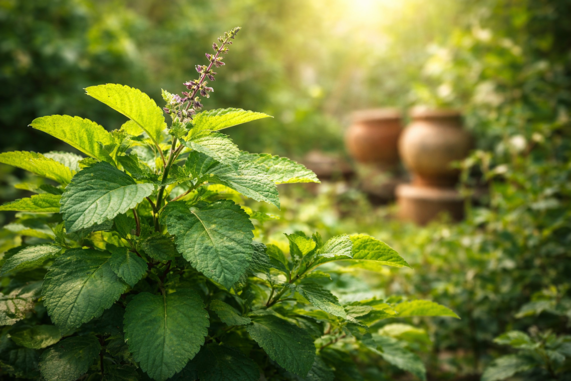 Fresh green tulsi leaves growing in natural sunlight