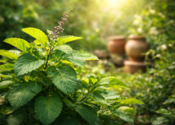 Fresh green tulsi leaves growing in natural sunlight
