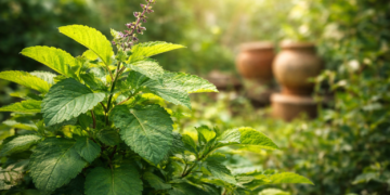 Fresh green tulsi leaves growing in natural sunlight