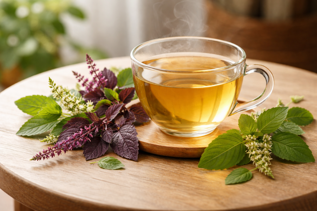 Cup of tulsi tea with fresh tulsi leaves 