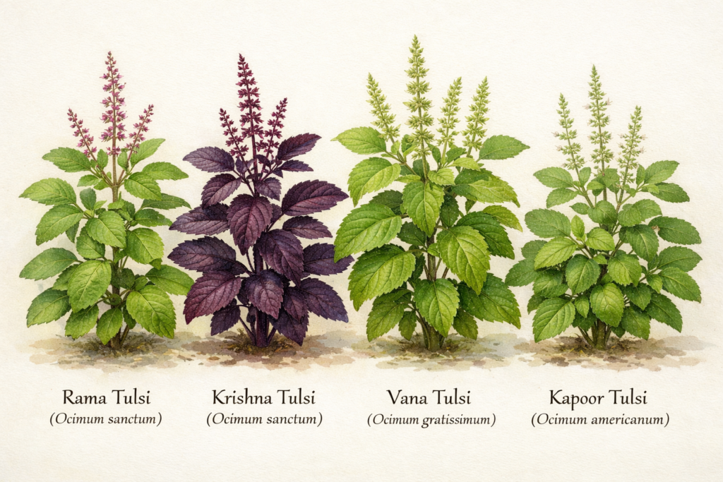 Different types of tulsi leaves including Rama Krishna Vana and Kapoor tulsi 